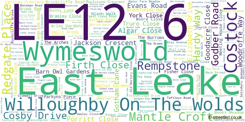 A word cloud for the LE12 6 postcode